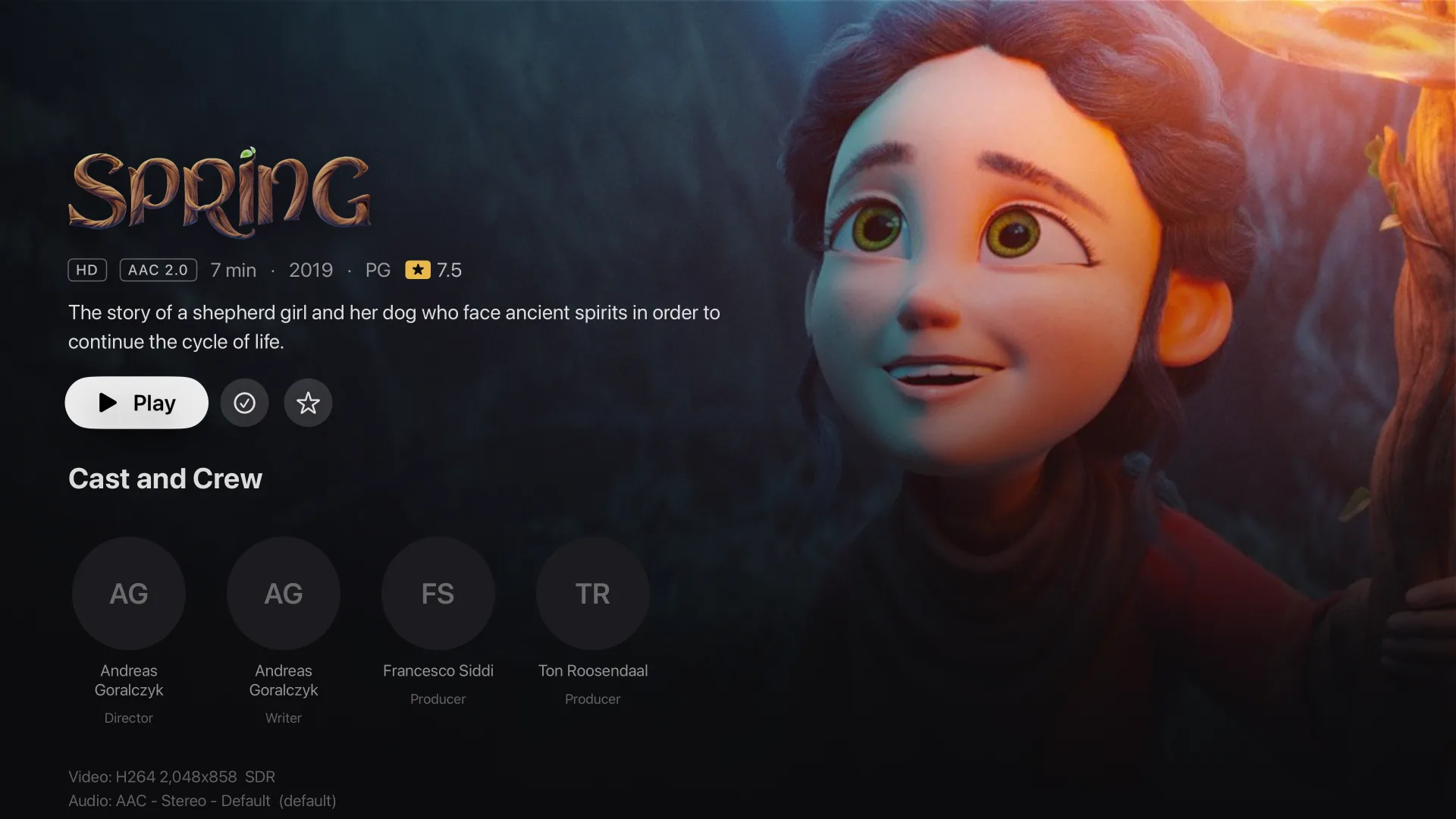 Film page for Spring with logo, format badges and cast